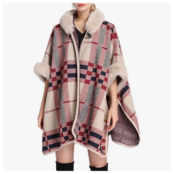 13 Faux Fur Hooded coat with plaid jacquard - Picture 2 of 6